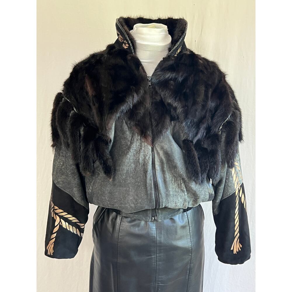 Vintage Leather bomber jacket w/mink funky artsy Char and Sher southwest 80s